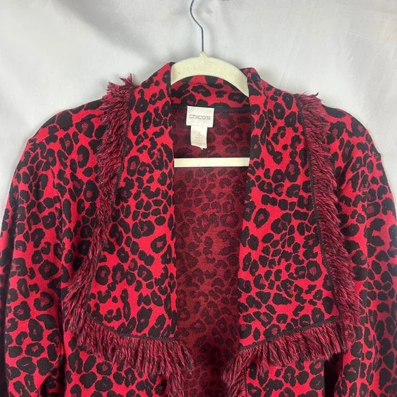 Chico's Red Black Leopard Cheetah Print‎ Fringe Cardigan Sweater Size 3 XL Wool - Picture 3 of 7